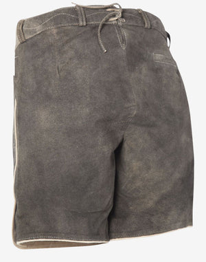 Back view of grey women’s leather lederhosen shorts with a vintage distressed finish, featuring a fitted waistband, belt loops, and adjustable back lace detail.