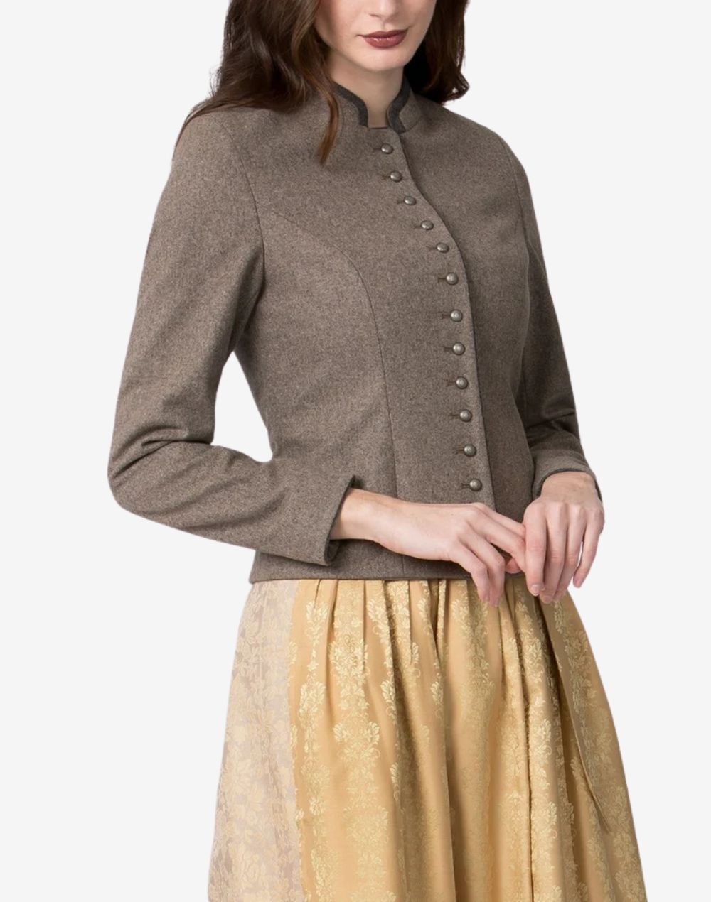 Women’s traditional Bavarian-style trachten jacket in taupe wool with a stand collar and decorative metal button front, paired with a gold patterned dirndl skirt for a classic alpine look.