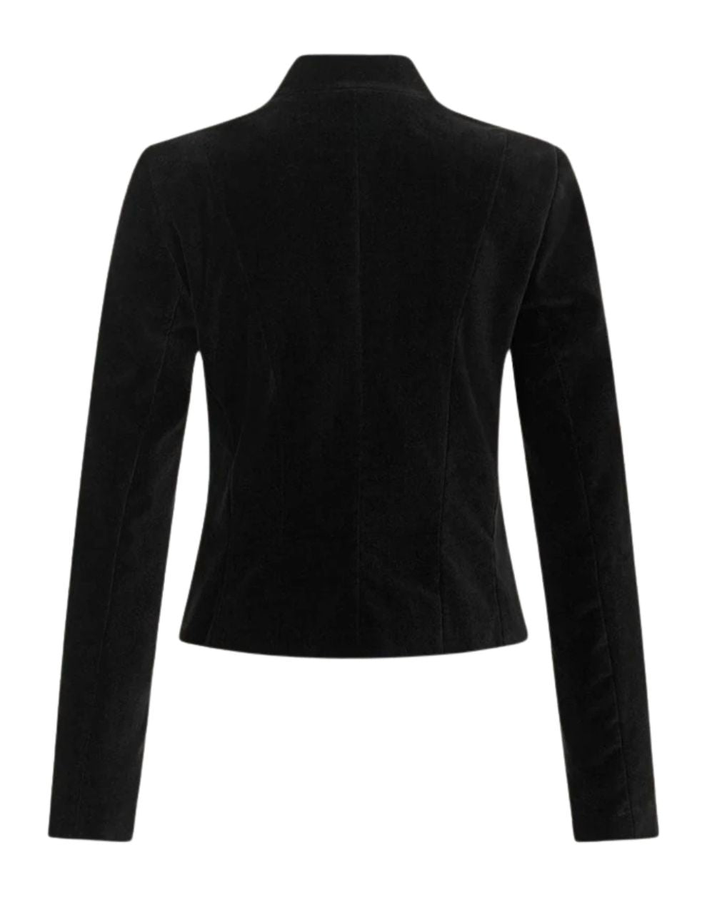 Back view of a black velvet women’s jacket with a clean tailored design and structured silhouette.