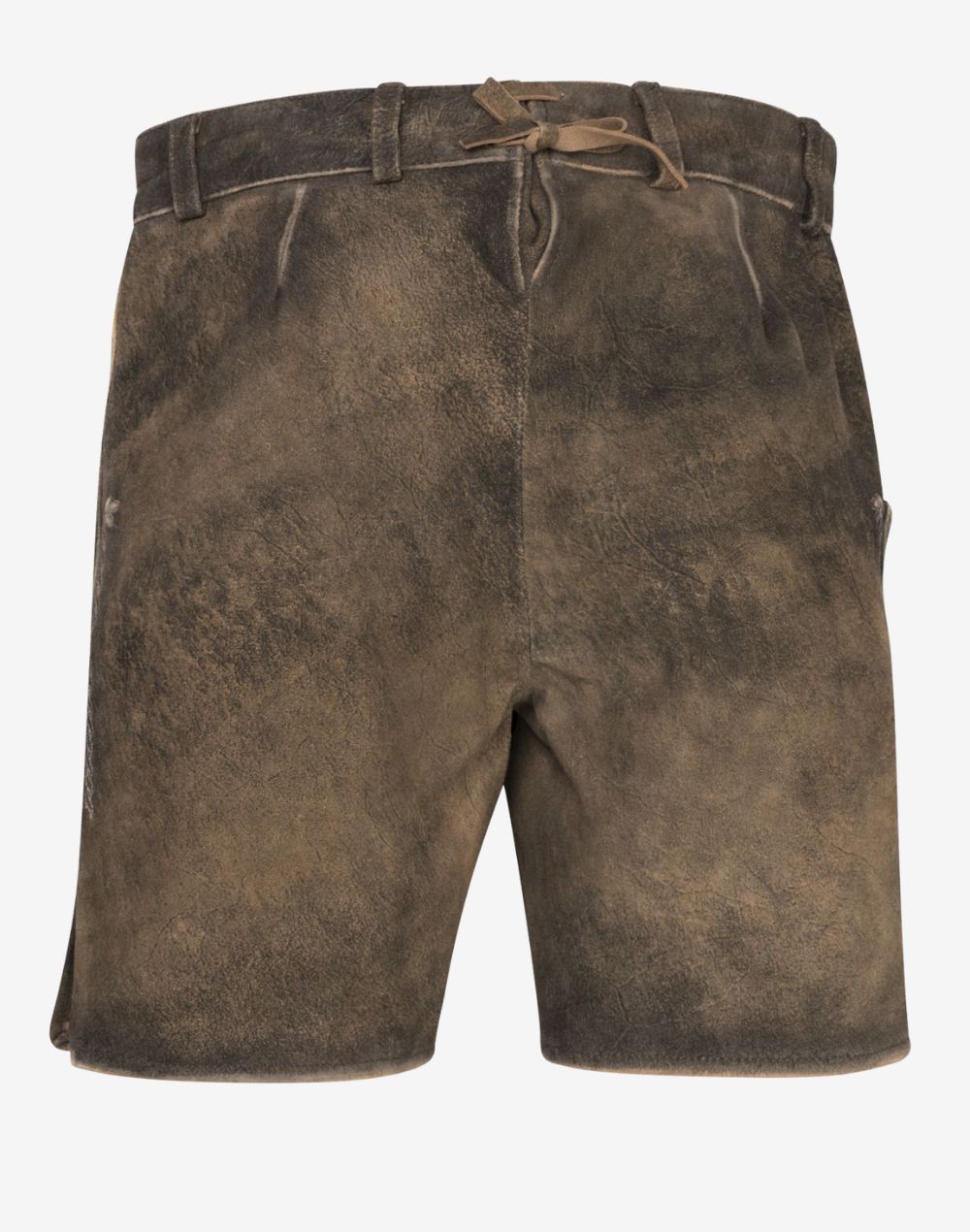 Back view of traditional brown leather lederhosen shorts with a distressed vintage finish, featuring a fitted waistband, belt loops, and adjustable back lace detail.