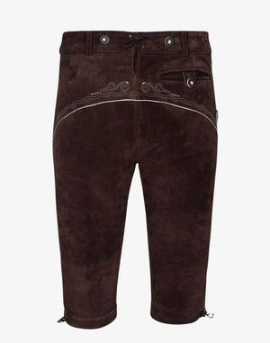 Brown leather pants with decorative stitching on a white background