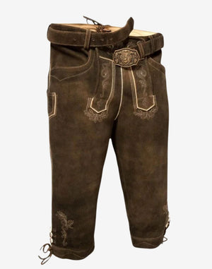 traditional festival bundhosen for men in brown leather featuring embroidered flap, belt detail and classic Bavarian fit