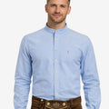 Model wearing traditional German Bavarian shirt showing front view, stand collar, button closure and classic Oktoberfest fit