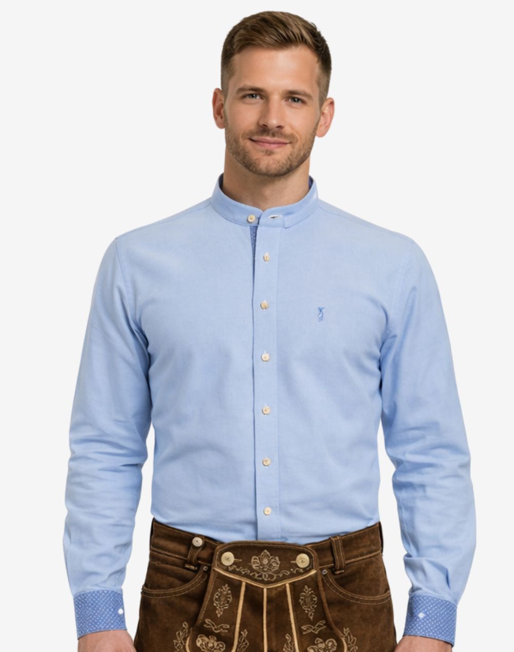 Model wearing traditional German Bavarian shirt showing front view, stand collar, button closure and classic Oktoberfest fit