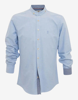 traditional German Bavarian shirt in light blue featuring stand collar, button front closure and classic alpine design