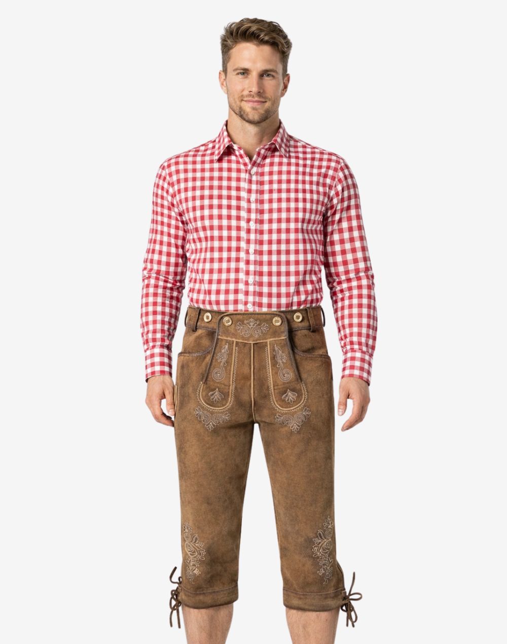 Front view of model wearing traditional German Bundhosen for men in brown leather with Bavarian embroidery and classic knee tie design