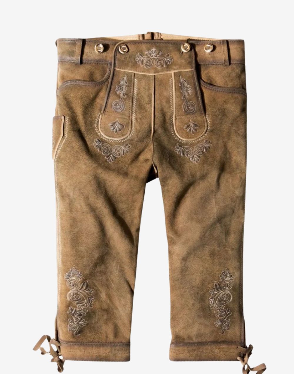 brown traditional German bundhosen featuring embroidered flap, knee detailing and classic Bavarian leather finish.