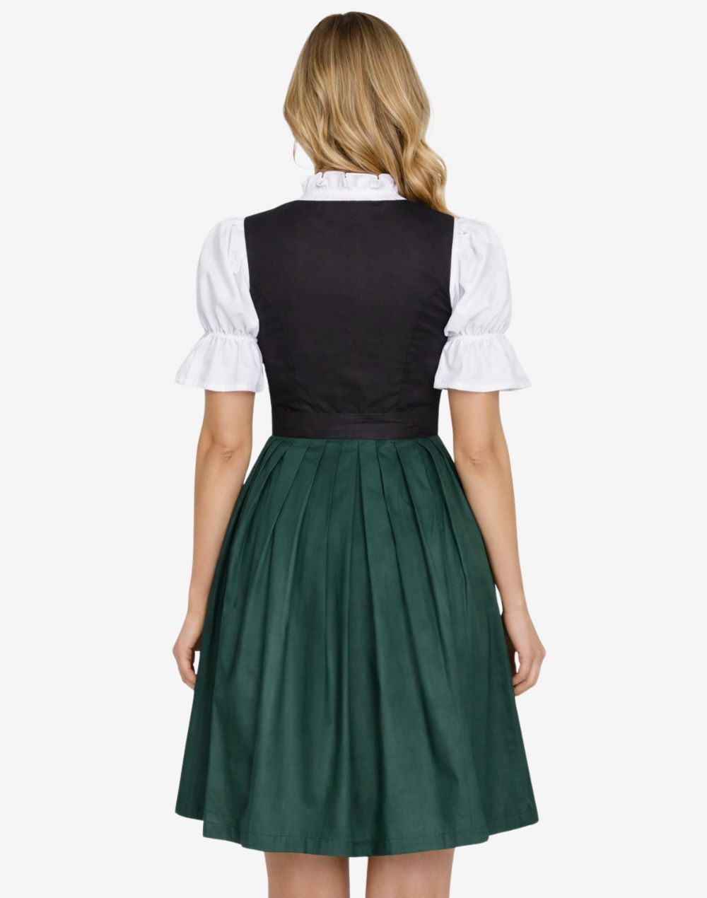 Back view of model wearing traditional German dirndl dress featuring black bodice, green skirt, fitted waist and classic Bavarian styling