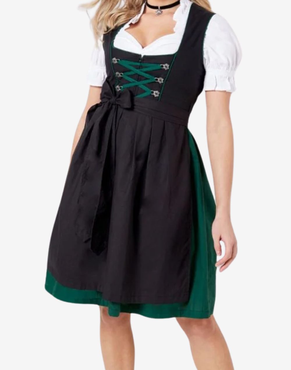 Black Cotton Blend Bavarian Dirndl Dress with Green Panels