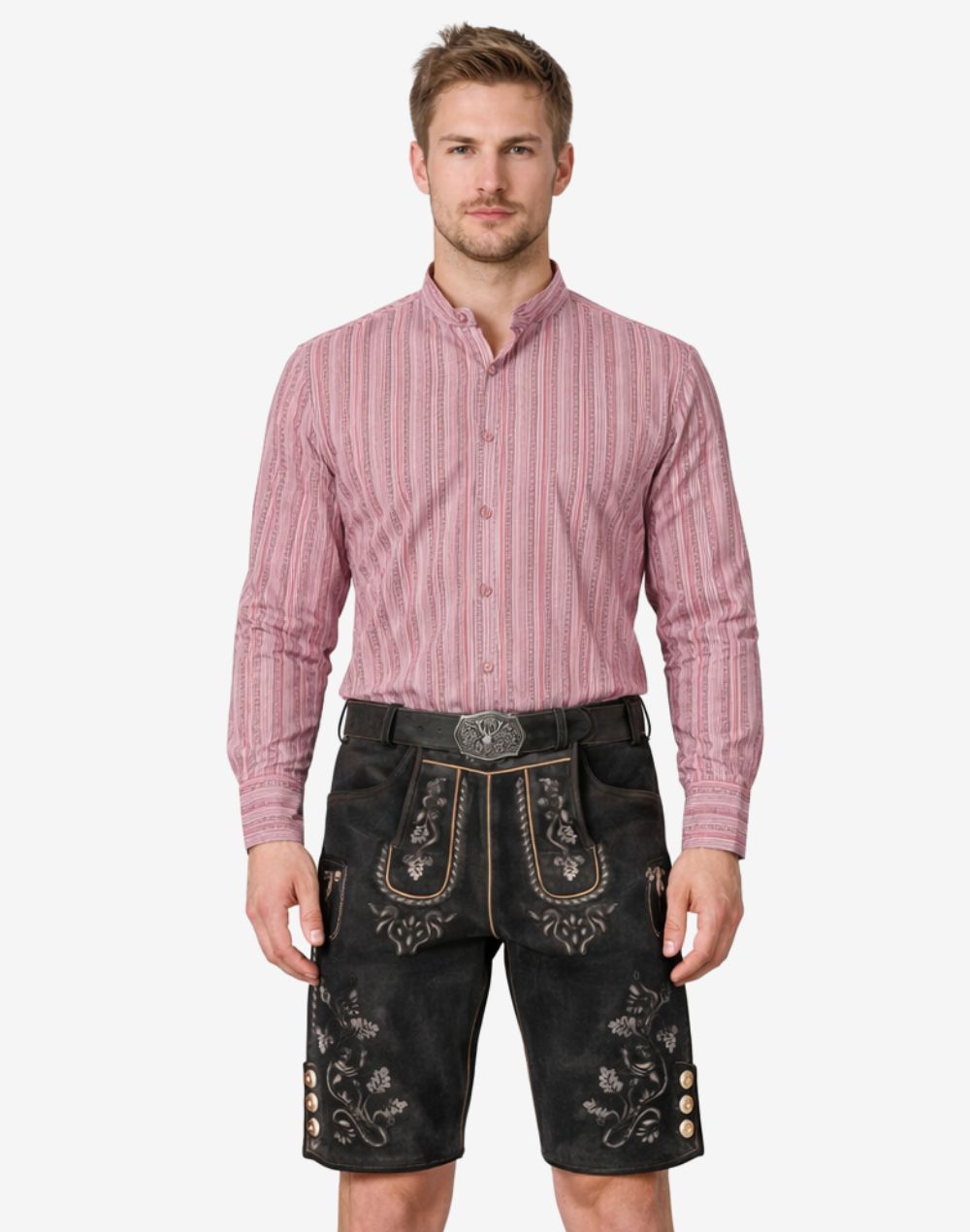 Model wearing traditional German lederhosen for men in brown leather with Bavarian embroidery and classic suspenders