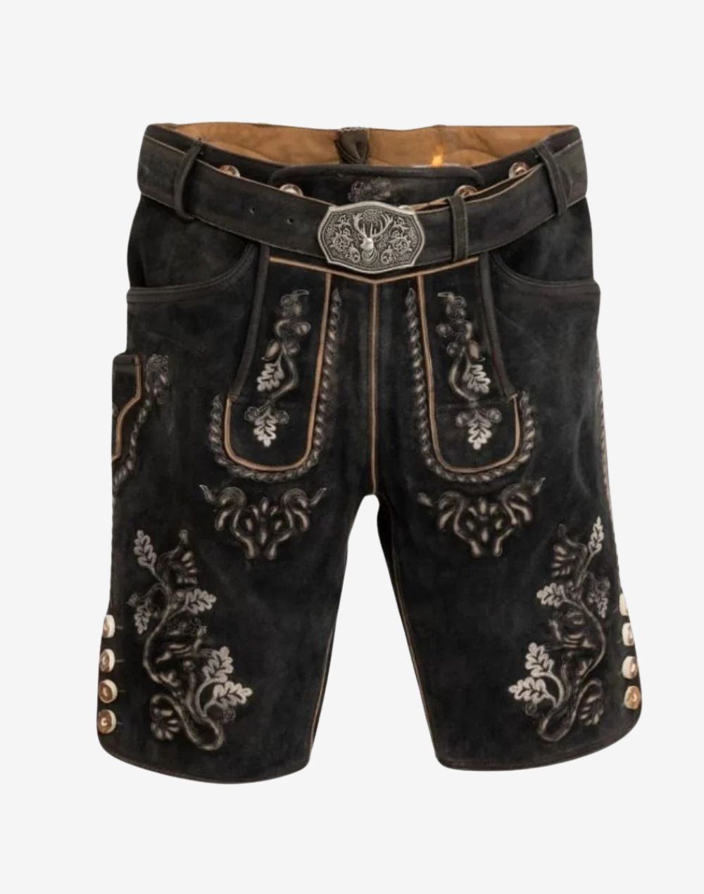 Main image alt text: Traditional German Lederhosen Men black suede shorts with belt, ornate embroidery and buttoned cuffs