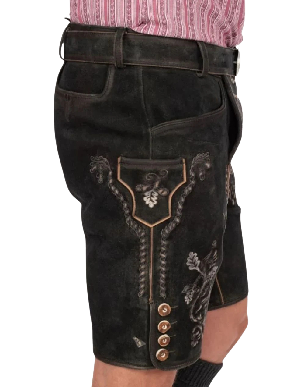 Side view alt text: German Traditional Lederhosen Men side profile with coin pocket, braided trim and four horn buttons