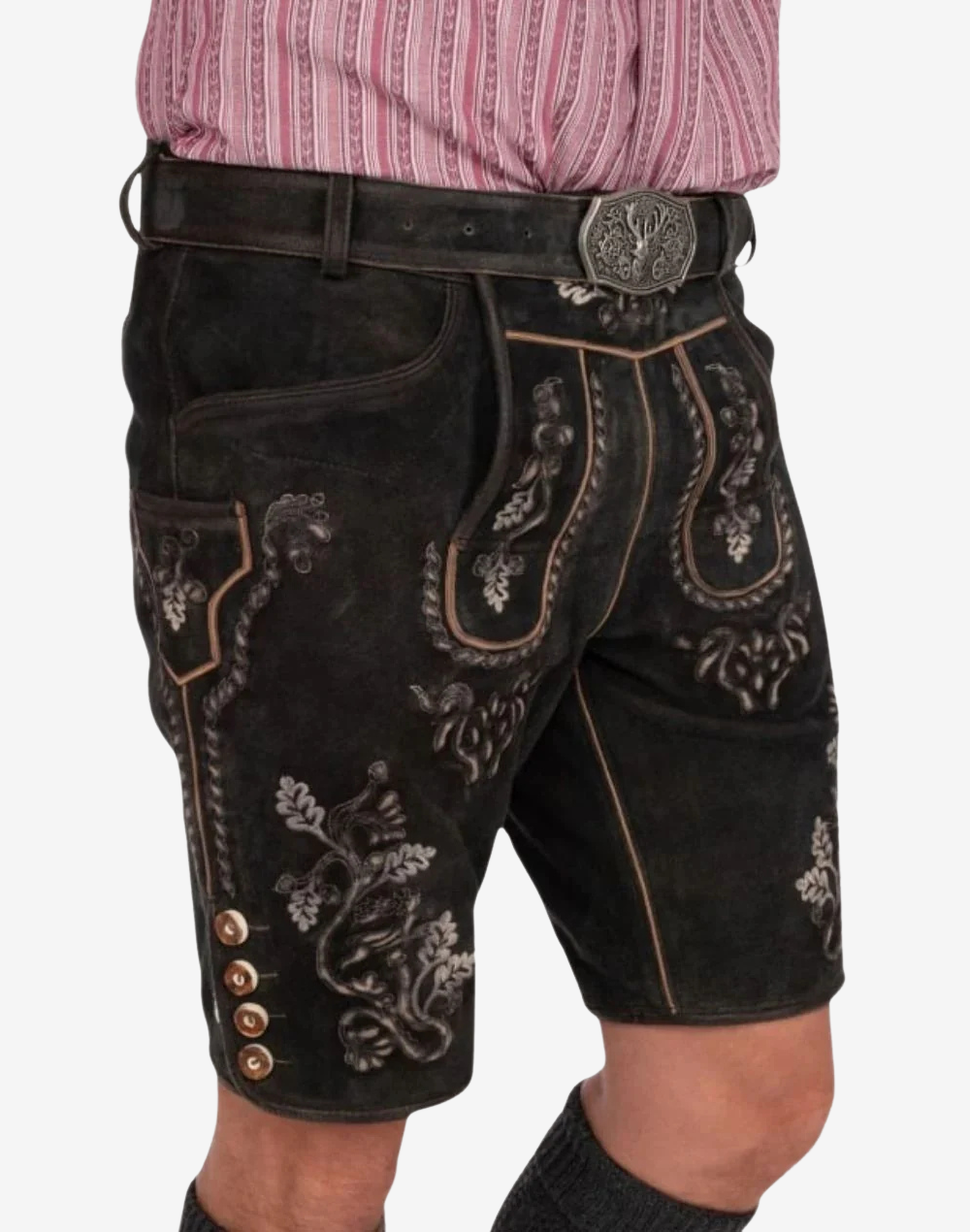 Angled front alt text: Angled front view of Traditional German Lederhosen Men showing flap embroidery, piping and silver buckle