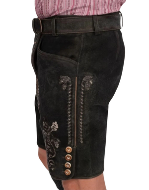 Back side view alt text: Men Traditional German Lederhosen rear side view showing back seam, belt loops and embroidered leg panel