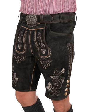 On model front alt text: Model wearing Traditional German Lederhosen Men from the front with detailed thigh embroidery and buckle belt