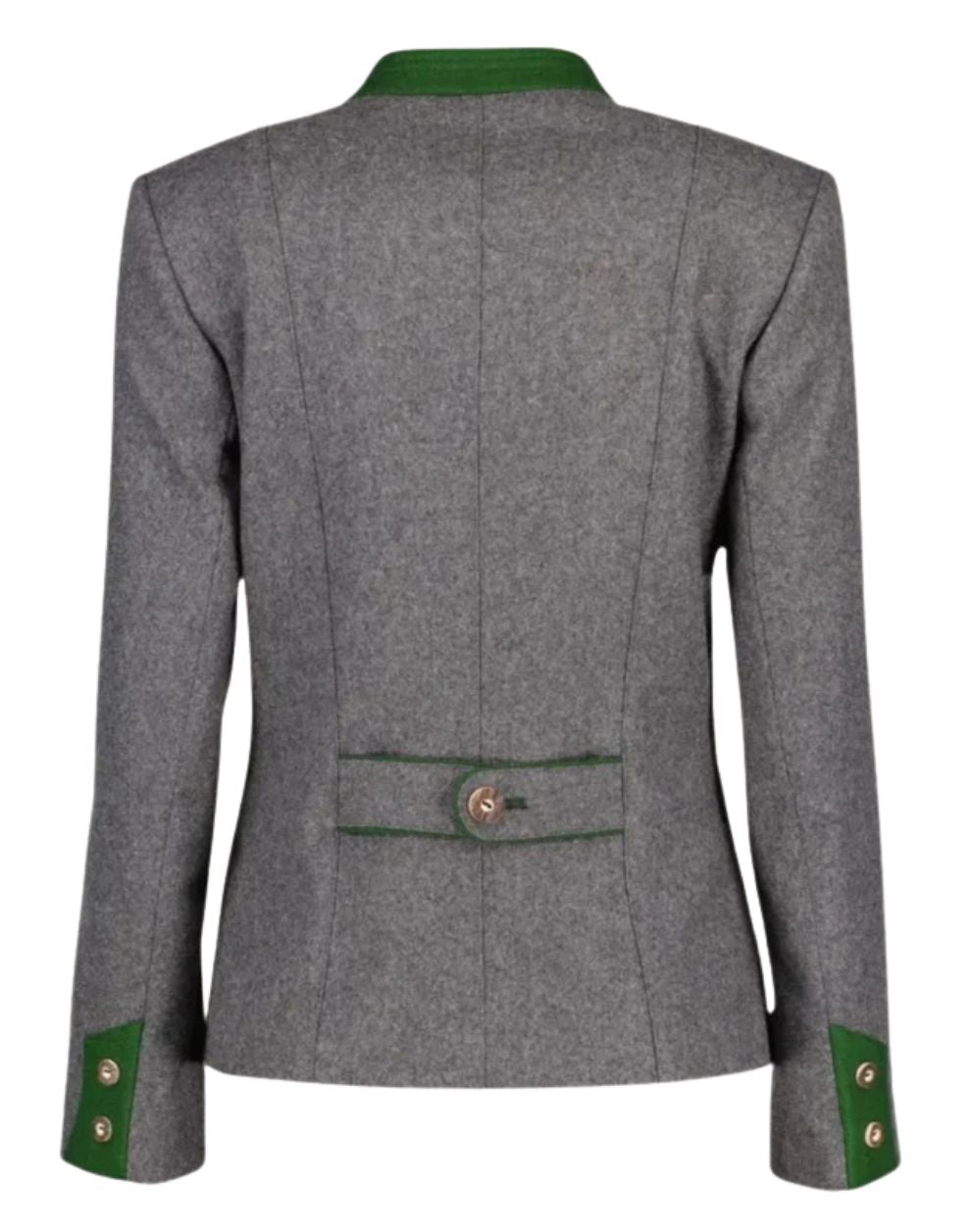 Back view of a grey women’s Trachten jacket featuring green collar trim, button waist tab, and tailored Bavarian design.