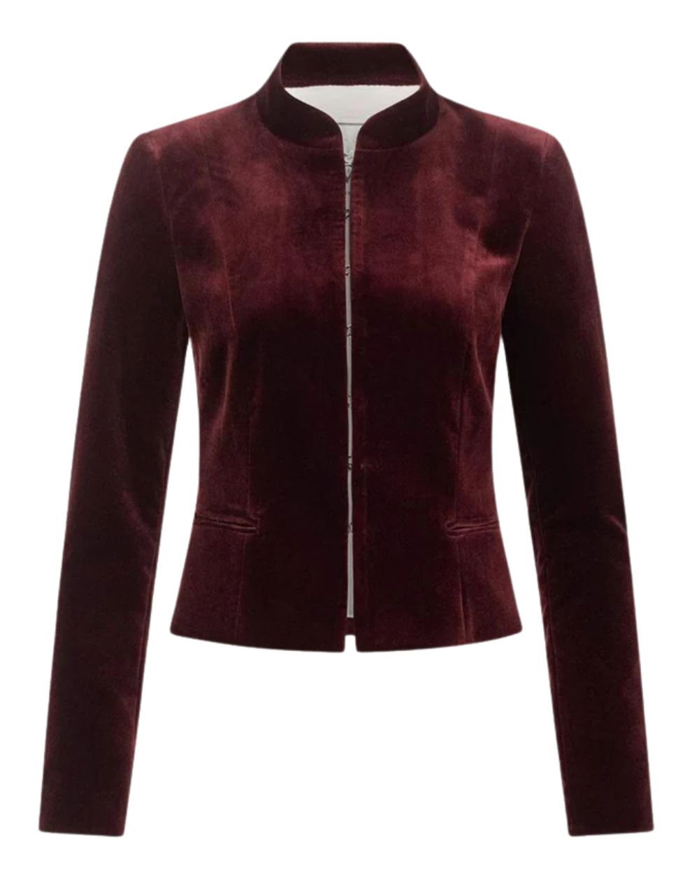 front view of a burgundy velvet women’s jacket with a high collar, front zipper closure, and slim tailored fit.