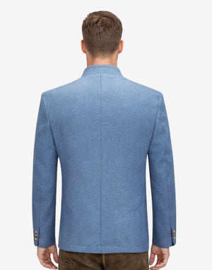 Back view of model wearing Traditional German Trachten Jacket Men showing tailored alpine fit and clean rear design