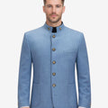 Front view of model wearing Traditional German Trachten Jacket Men in light blue with stand collar and horn buttons