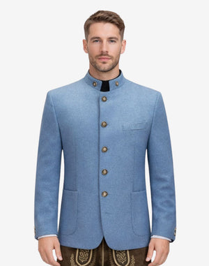 Front view of model wearing Traditional German Trachten Jacket Men in light blue with stand collar and horn buttons
