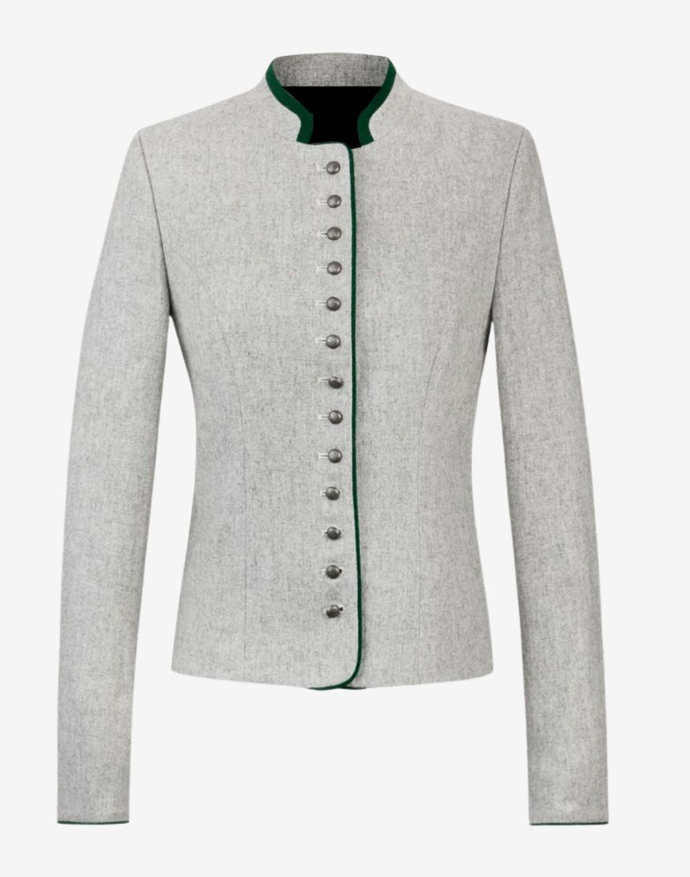 Women’s traditional Bavarian trachten jacket in light grey wool with green trim, featuring a stand collar, long sleeves, and decorative front button closure.