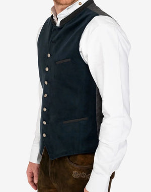 Front view of traditional German trachten vest for men featuring classic button closure, clean front panels and alpine style