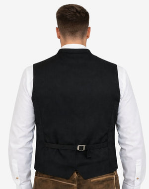Back view of traditional German trachten vest for men showing adjustable waist strap, tailored fit and classic Bavarian design