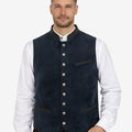 Front view of model wearing Traditional German Trachten Vest Men in deep navy with horn buttons and tailored fit