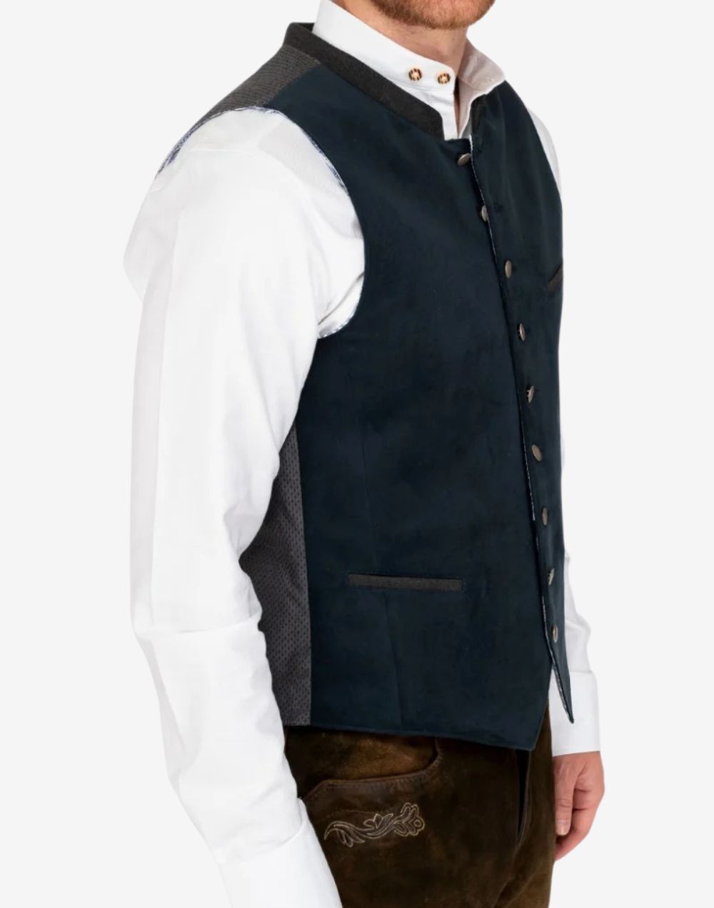Side wearing view of traditional German trachten vest displaying button front, structured fit and authentic alpine styling for men