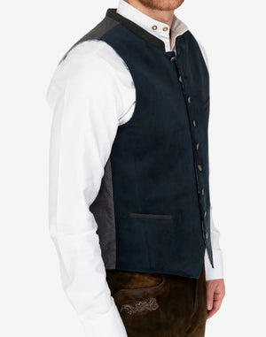 Side wearing view of traditional German trachten vest displaying button front, structured fit and authentic alpine styling for men