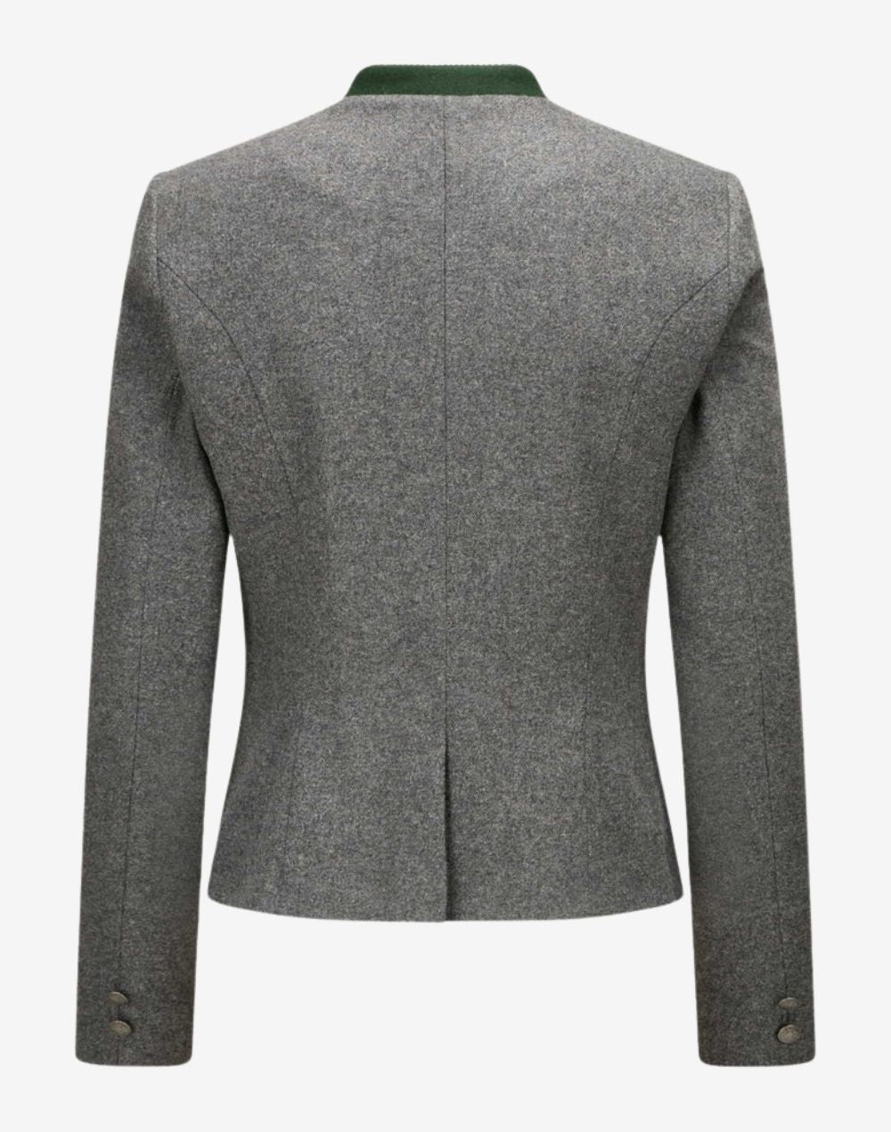 Back view of a women’s grey wool trachten-style jacket featuring a fitted tailored silhouette, clean panel seams, long sleeves with button cuffs, and traditional Alpine-inspired design.
