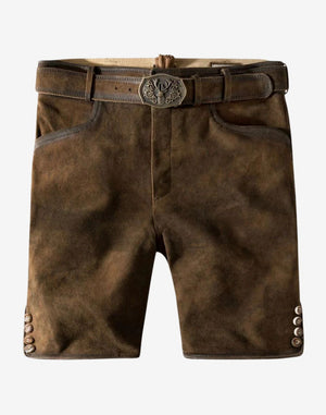 Traditional men’s leather lederhosen in brown suede featuring a plain design, front pockets, and a classic belt with metal buckle