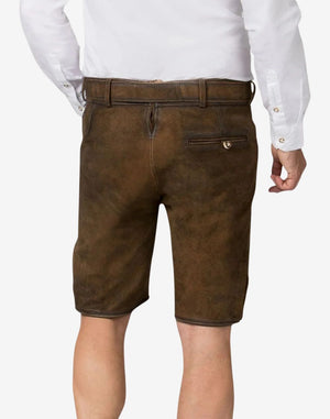 Authentic Bavarian leather lederhosen for men showcasing a simple traditional style with side pockets and knee-length cut