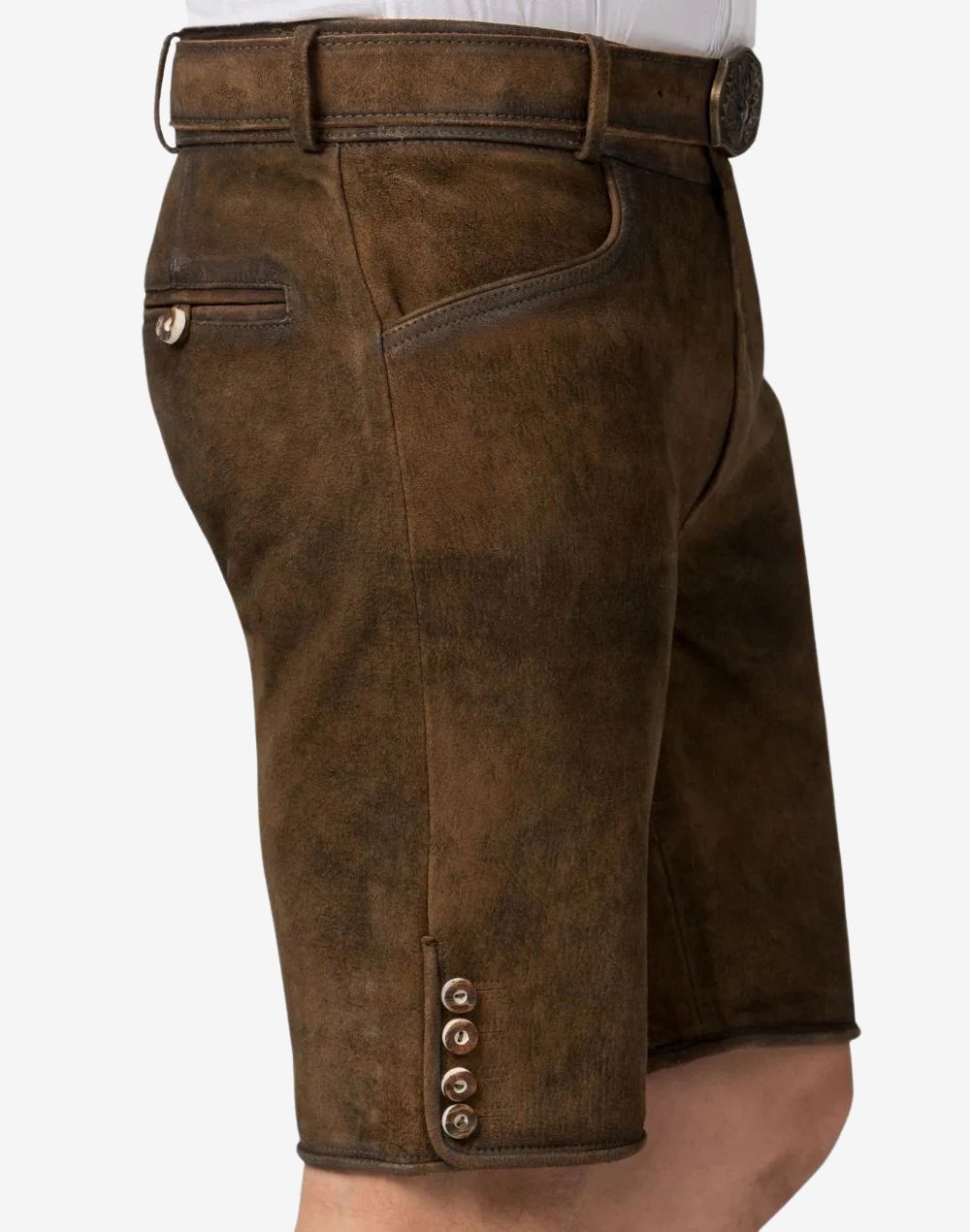 Men’s traditional Bavarian lederhosen crafted from brown leather with a clean front finish and buttoned leg hems