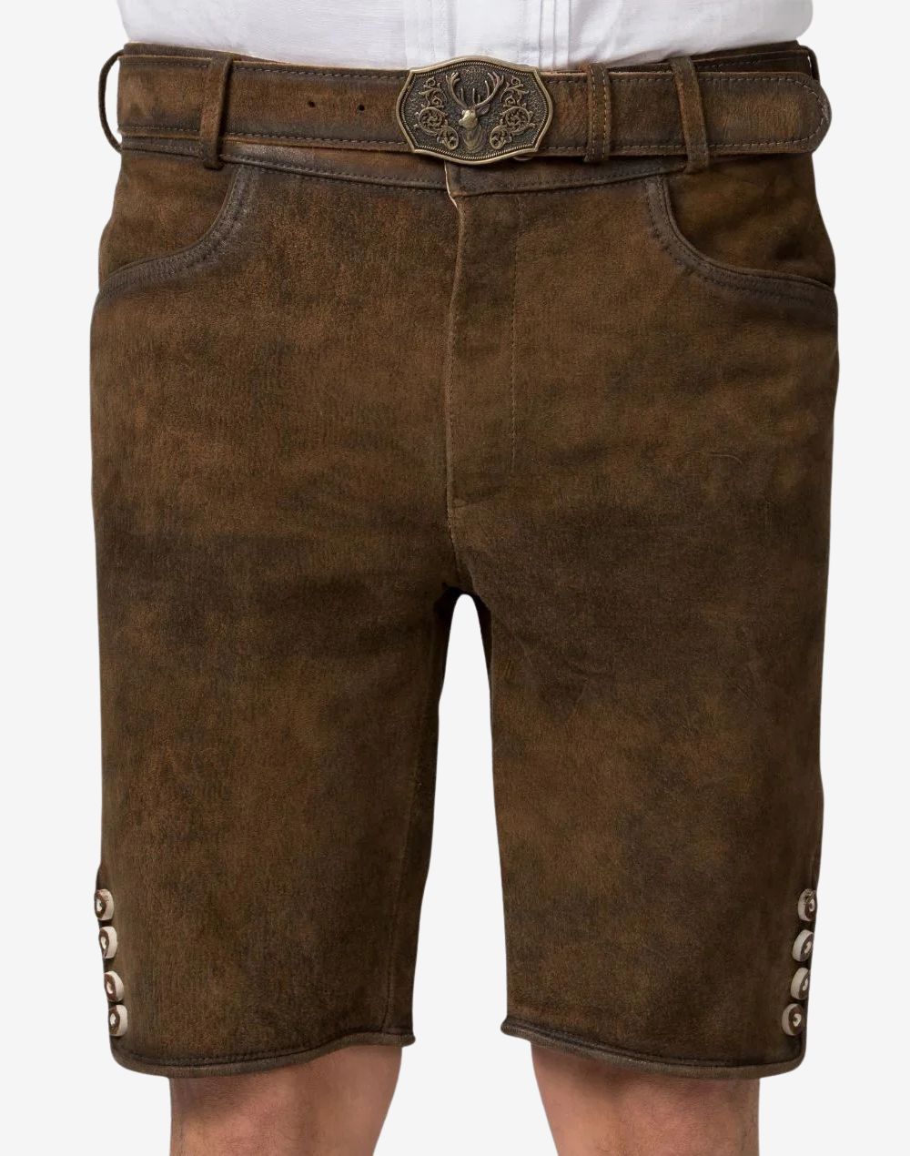 Traditional Oktoberfest lederhosen in brown leather designed with a smooth finish, belt loops, and button closures at the legs