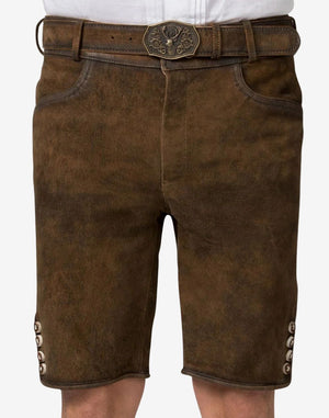 Traditional Oktoberfest lederhosen in brown leather designed with a smooth finish, belt loops, and button closures at the legs