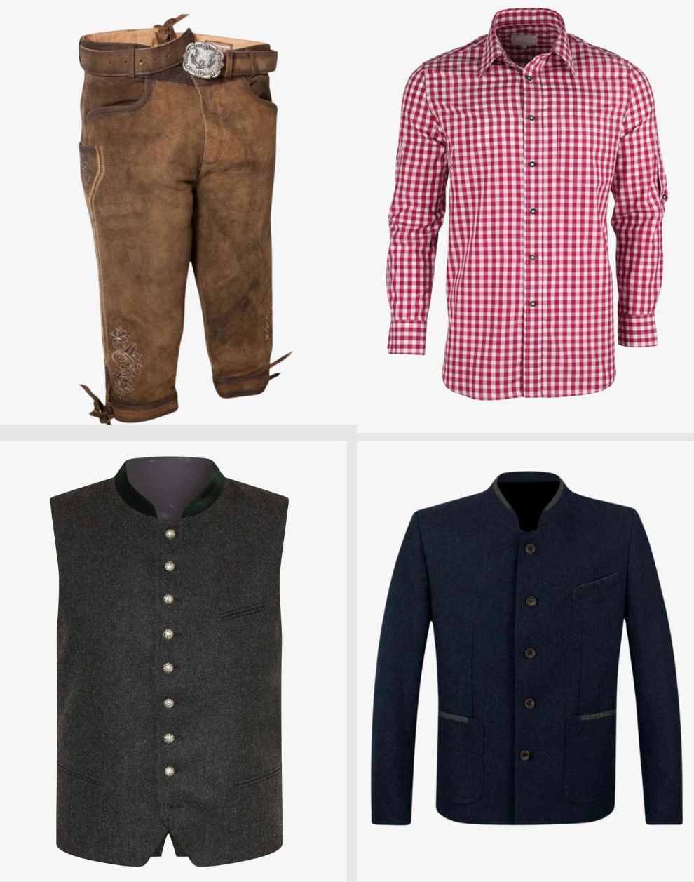 Collection of traditional clothing items including brown pants, red and white checkered shirt, black vest, and navy jacket on a white background.