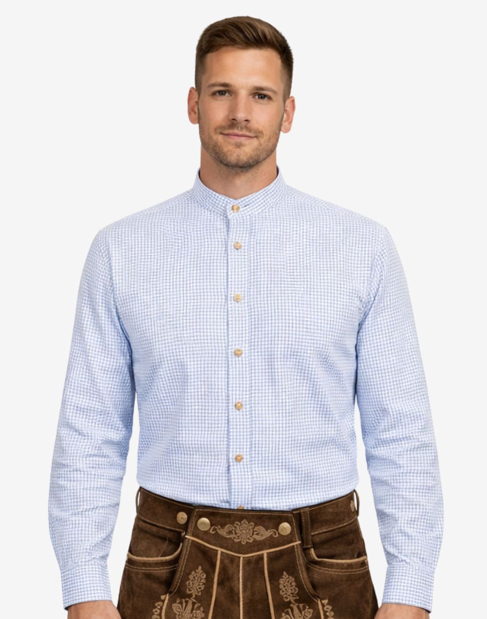 Model wearing traditional Oktoberfest shirt for men displaying blue check design, button closure and classic Bavarian look