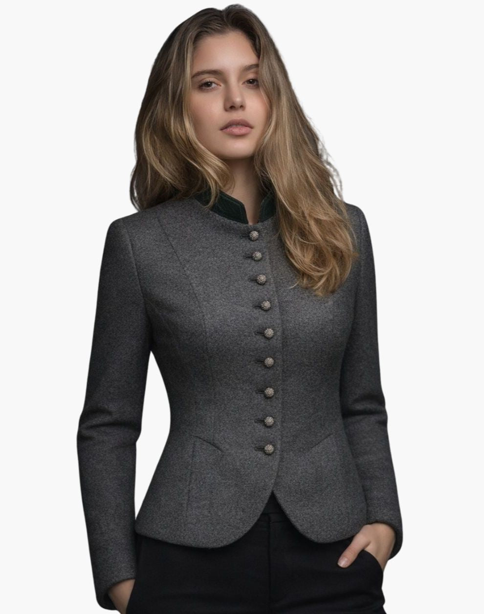 Woman wearing a gray blazer with buttons on a white background