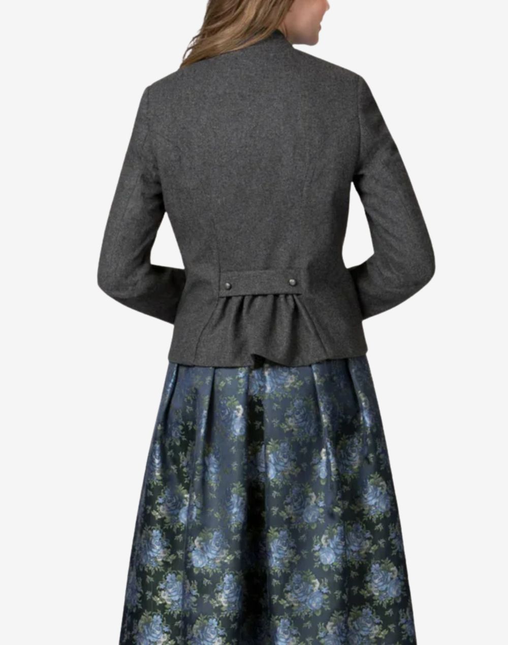 Back view of a women’s charcoal grey Bavarian-style trachten jacket with a fitted waist, decorative back pleats, and traditional Alpine tailoring worn over a floral dirndl skirt.