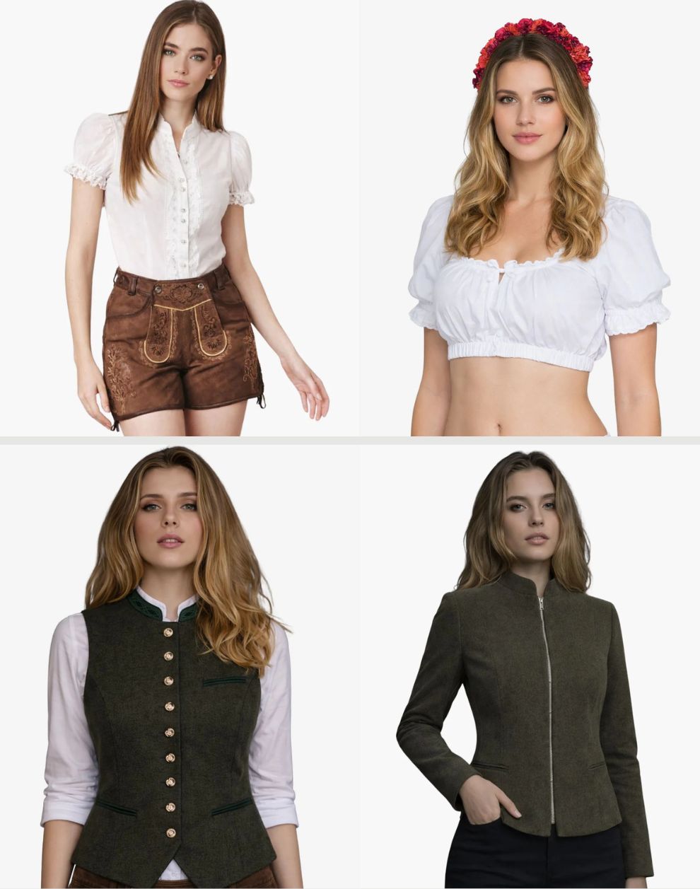 Four images of a woman wearing different outfits on a white background