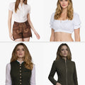 Four images of a woman wearing different outfits on a white background
