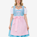 Front wearing view of rustic alpine dirndl dress featuring embroidered bodice, apron bow and authentic Oktoberfest look