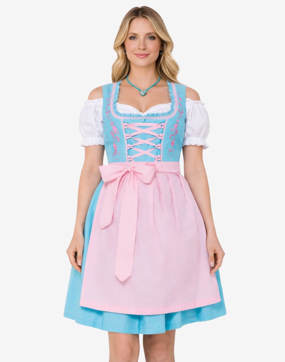 Front wearing view of rustic alpine dirndl dress featuring embroidered bodice, apron bow and authentic Oktoberfest look