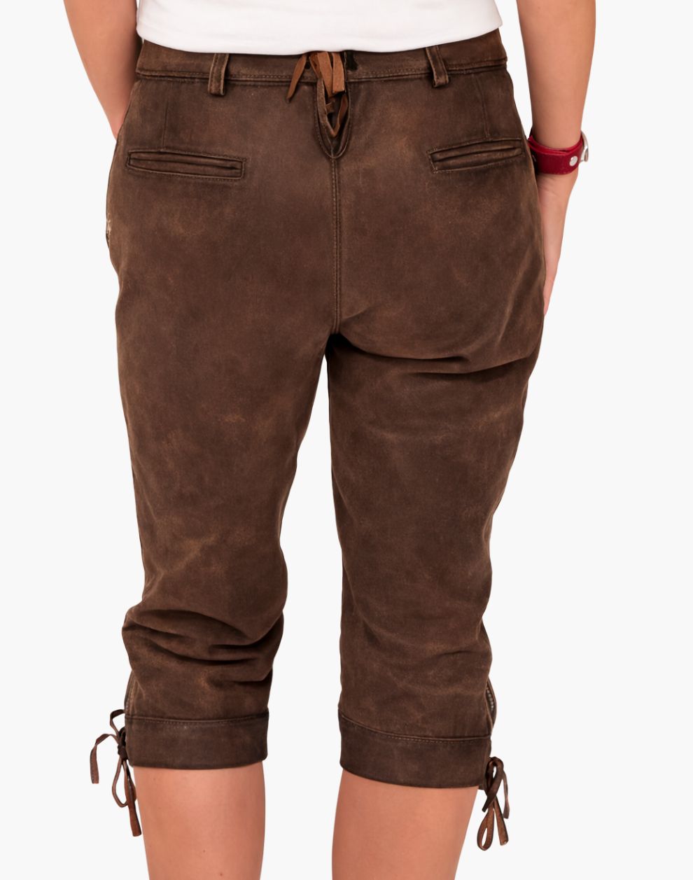 Brown capri bundhosen with drawstring details on a white background