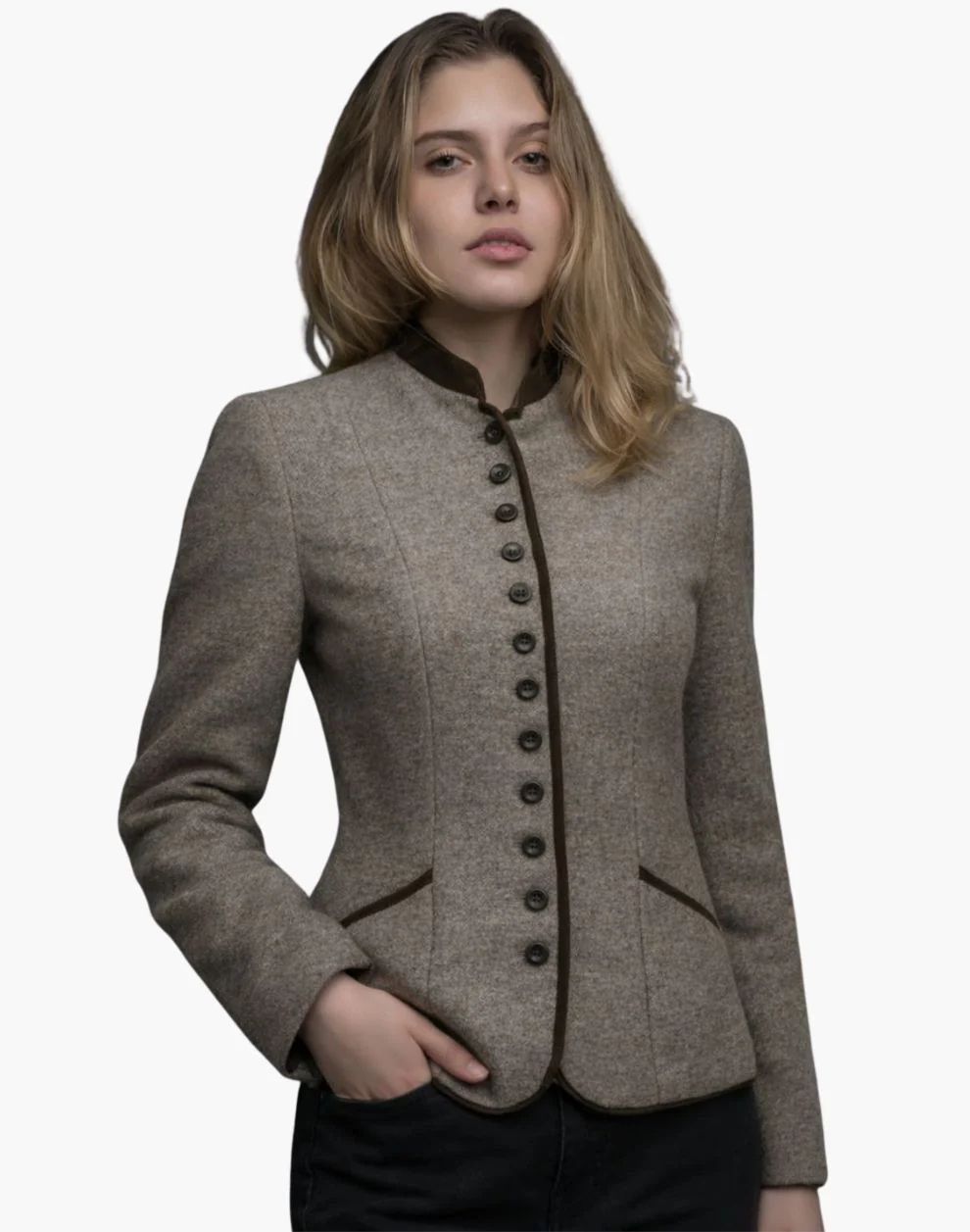 Woman wearing a gray blazer with black buttons on a white background