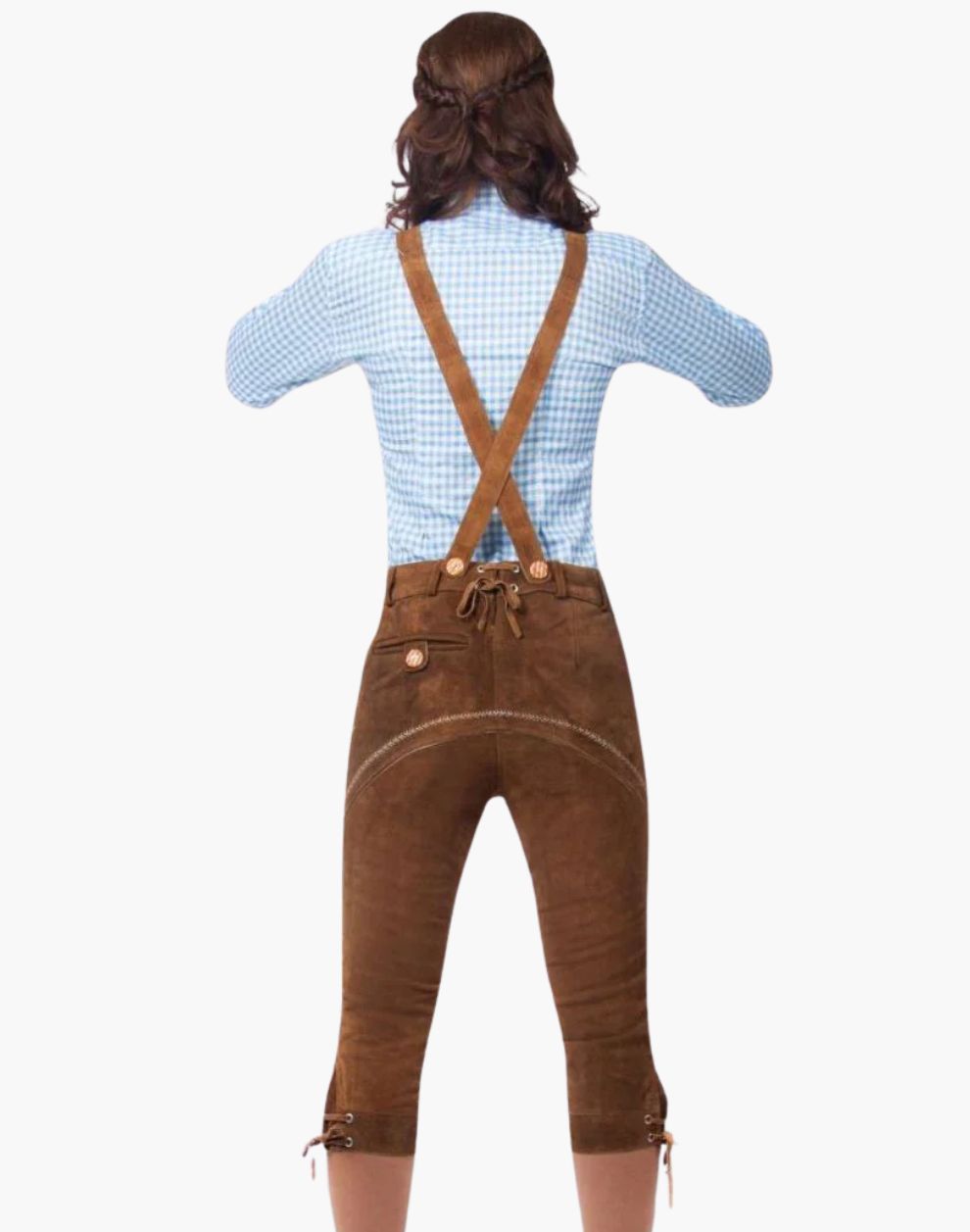 Person wearing a blue checkered shirt and brown leather pants with suspenders on a white background