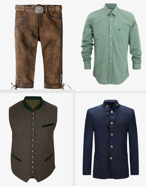 Four pieces of men's clothing including brown pants, green checkered shirt, gray vest, and navy jacket on a white background.