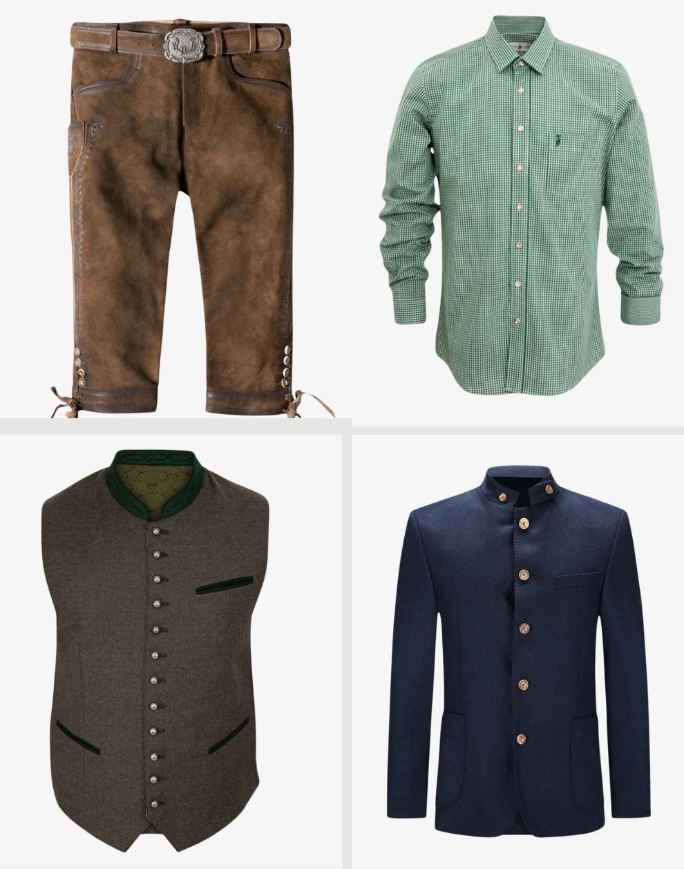 Four pieces of men's clothing including brown pants, green checkered shirt, gray vest, and navy jacket on a white background.