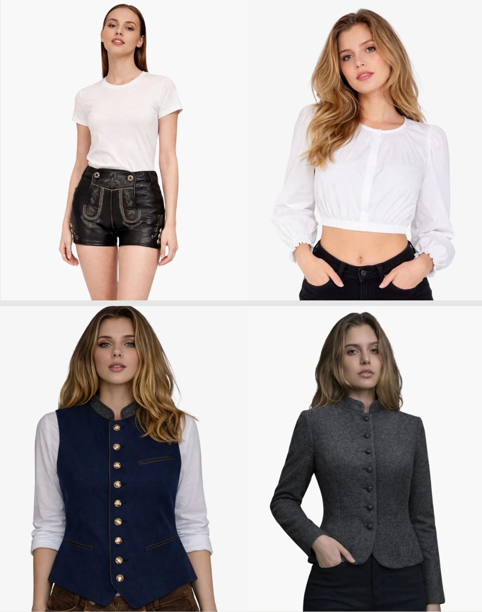 Four images of a woman wearing different outfits on a white background